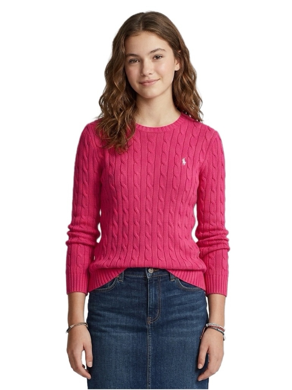Polo Ralph Lauren Pink Girls Cable-Knit Crewneck Sweater